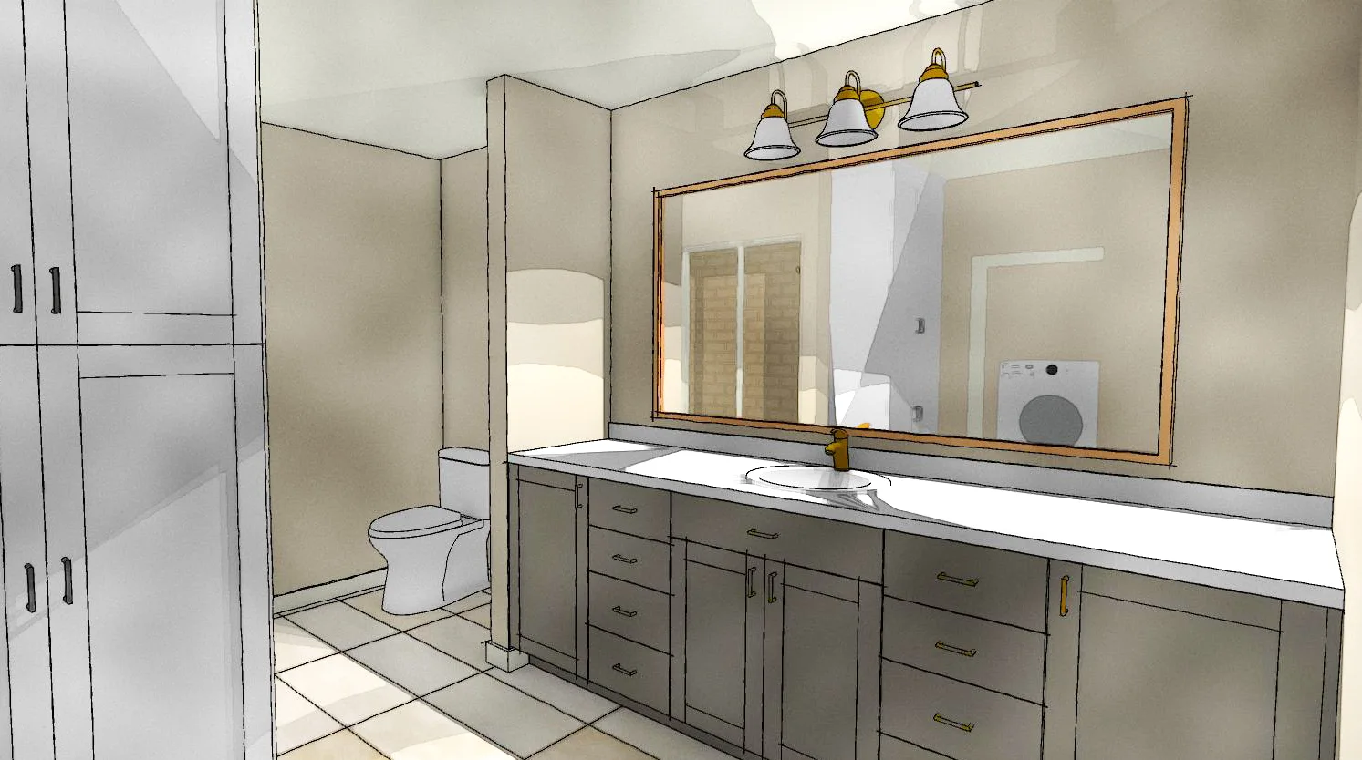Rendering of an independent living bathroom showing built-in storage, vanity, mirror, lighting, and toilet.