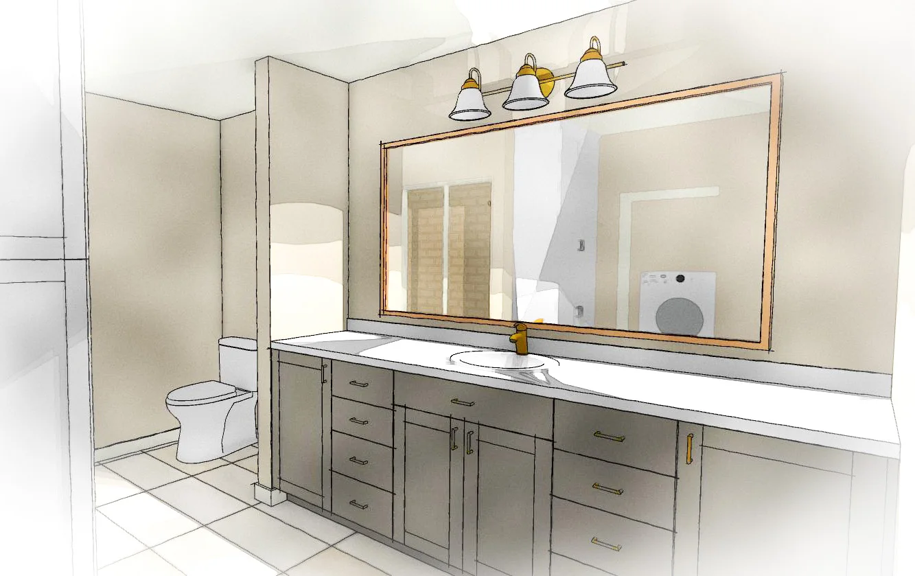 Rendering of an independent living bathroom with vanity, mirror, lighting, toilet, and shower.