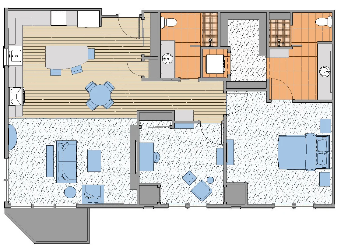 Independent living one-bedroom plus den floor plan with kitchen, living room, den, bedroom, bathrooms, and balcony.