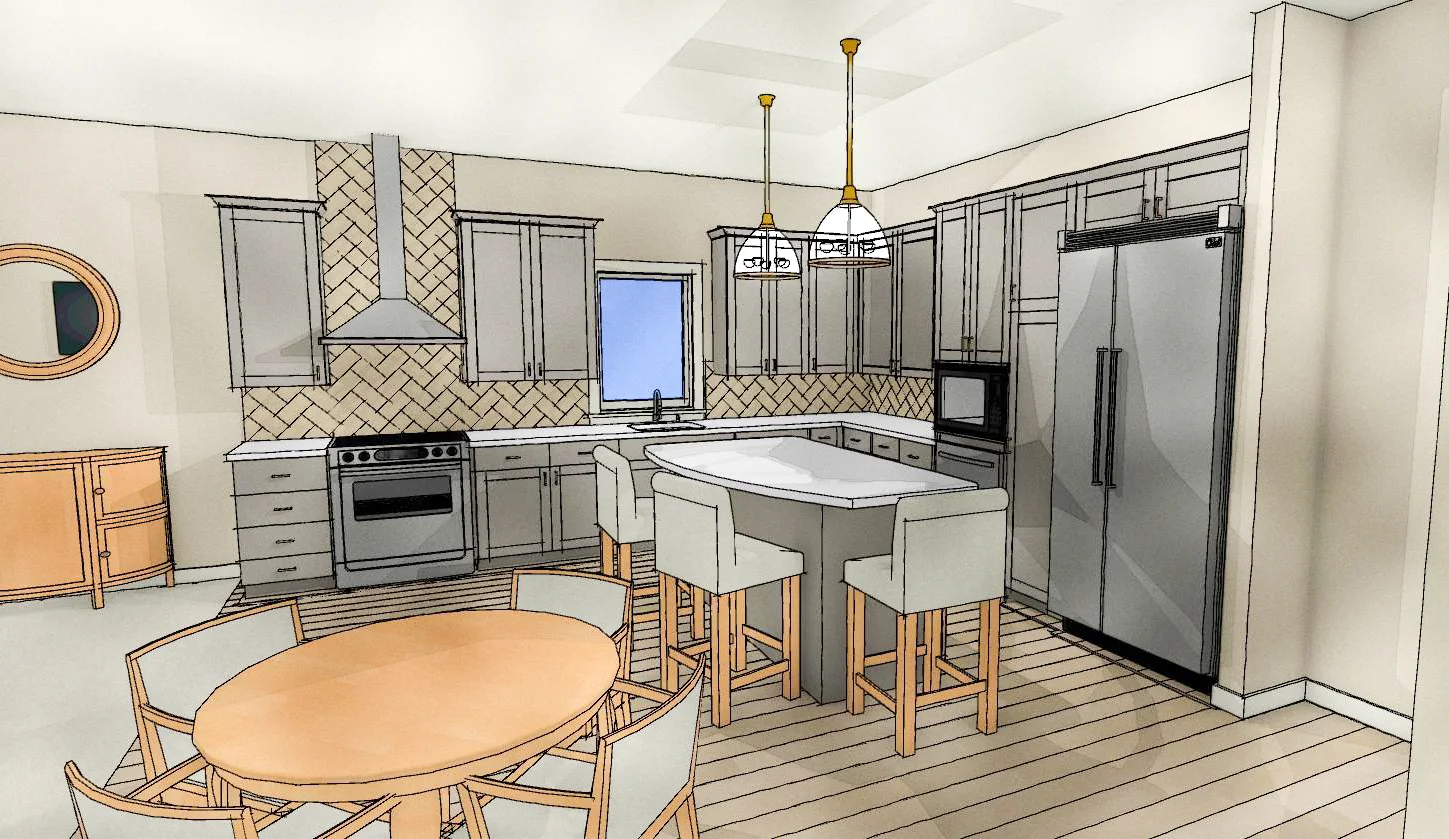 Rendering of an independent living kitchen with island seating, pendant lights, cabinetry, and full-size refrigerator.