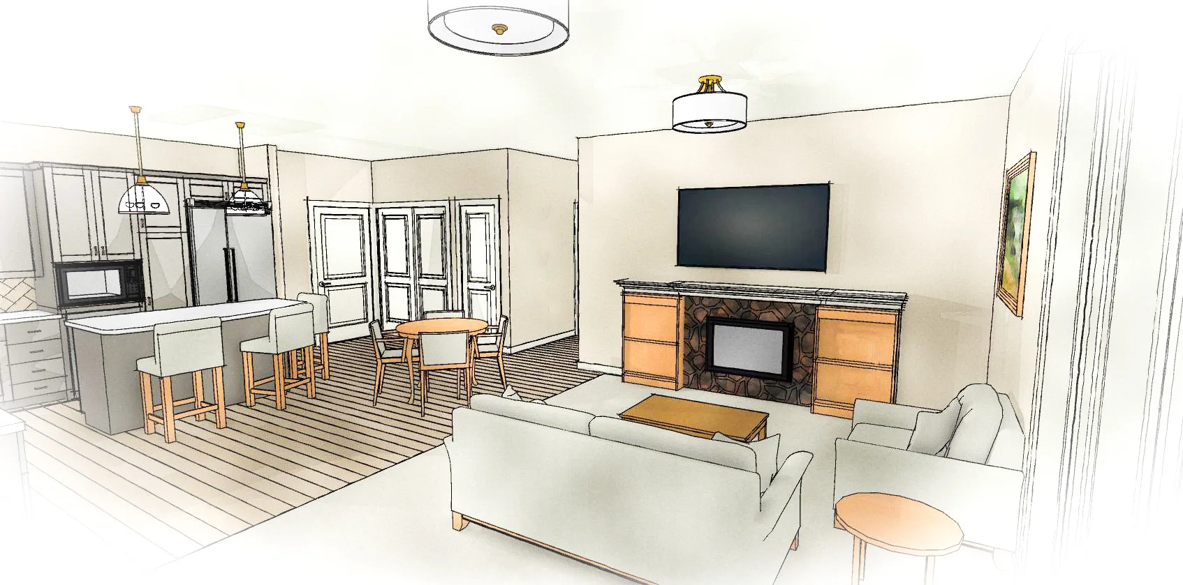 Rendering of an independent living room with sofa seating, fireplace, dining area, and kitchen island.