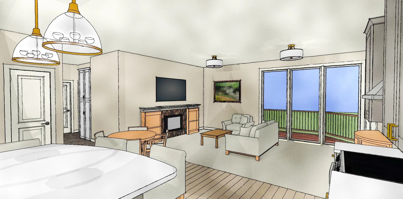 Rendering of an independent living residence with an open kitchen, dining area, fireplace, seating, and balcony doors.