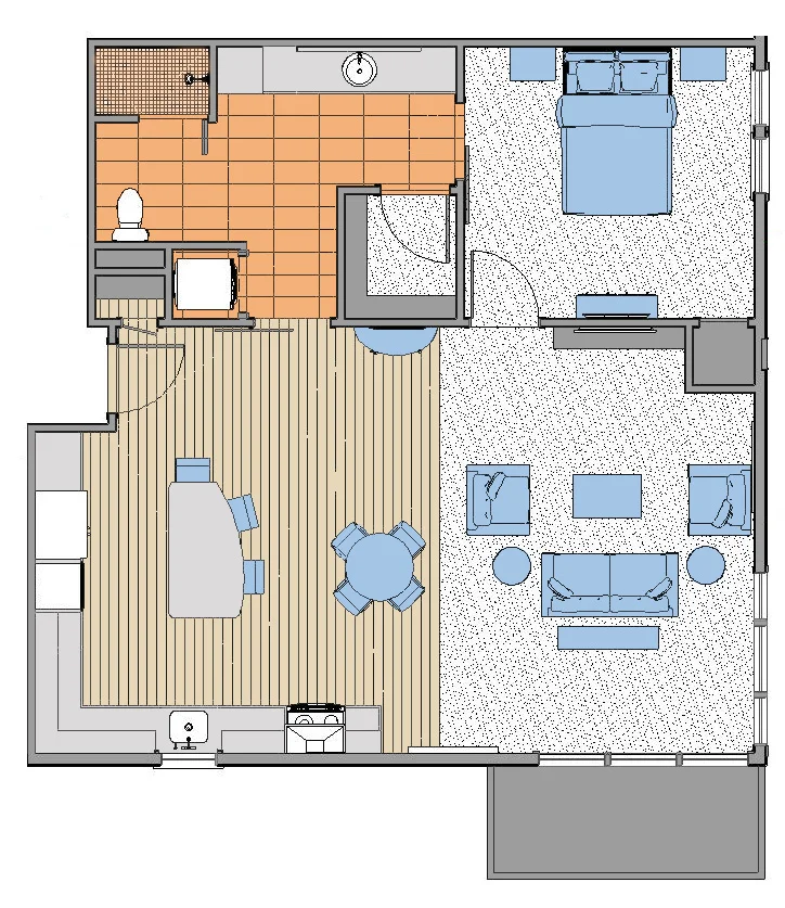 Independent living one-bedroom floor plan with kitchen, living room, bedroom, bathroom, and balcony.