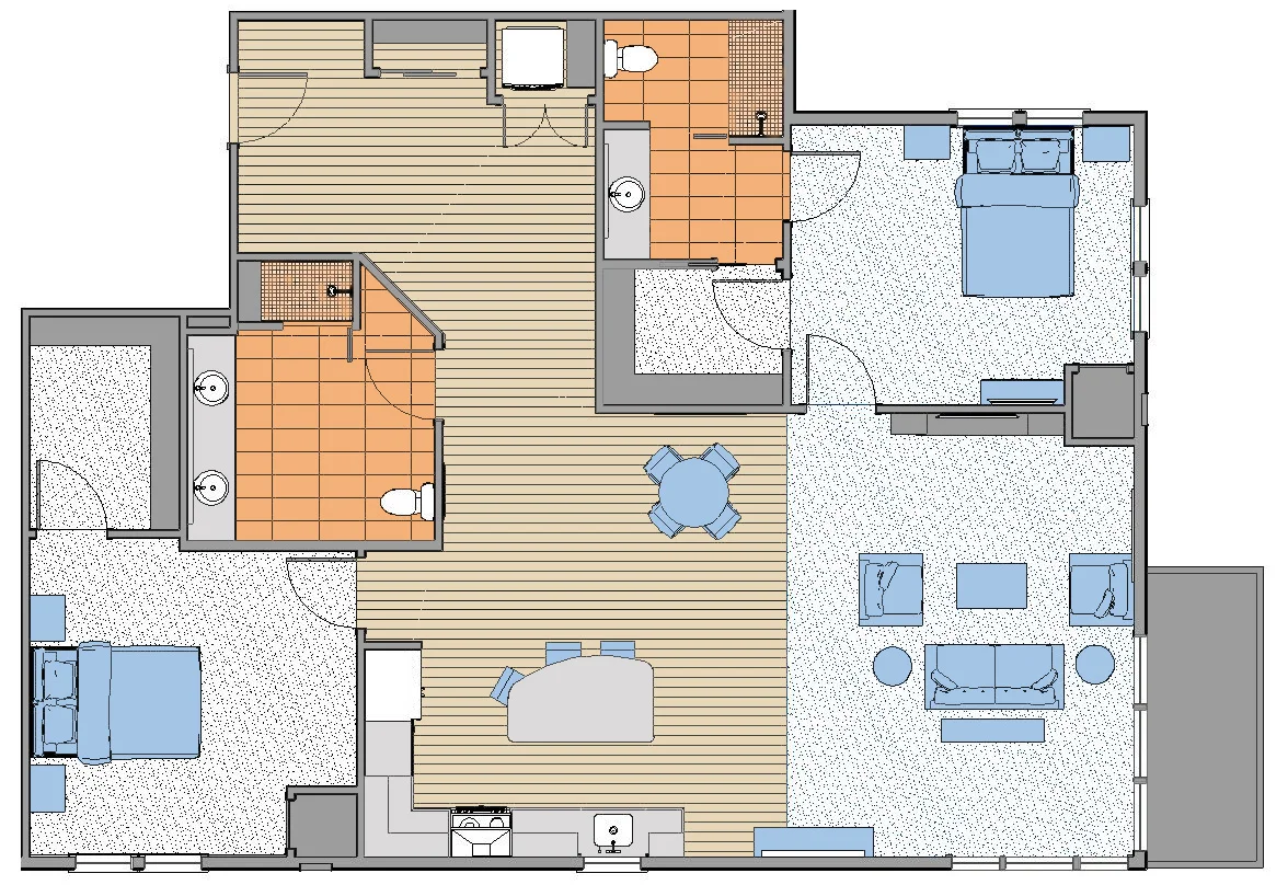 Independent living two-bedroom floor plan with kitchen, living room, two bedrooms, bathrooms, and balcony.