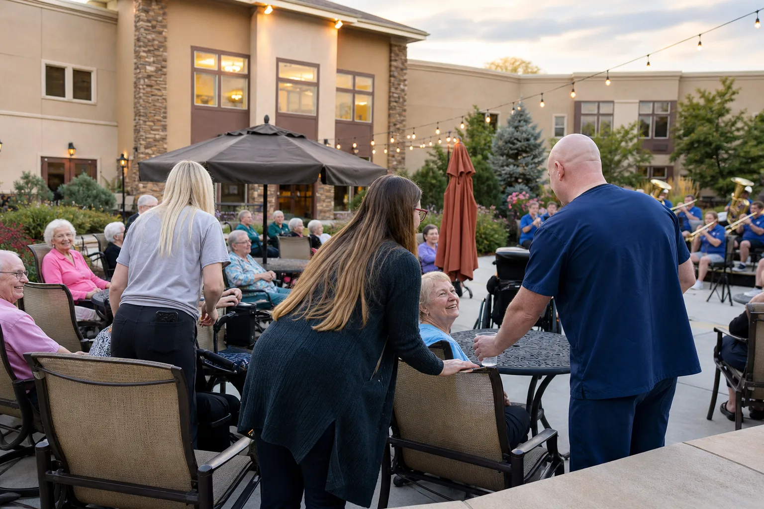 Gardens on Quail team members connecting with residents during a courtyard event