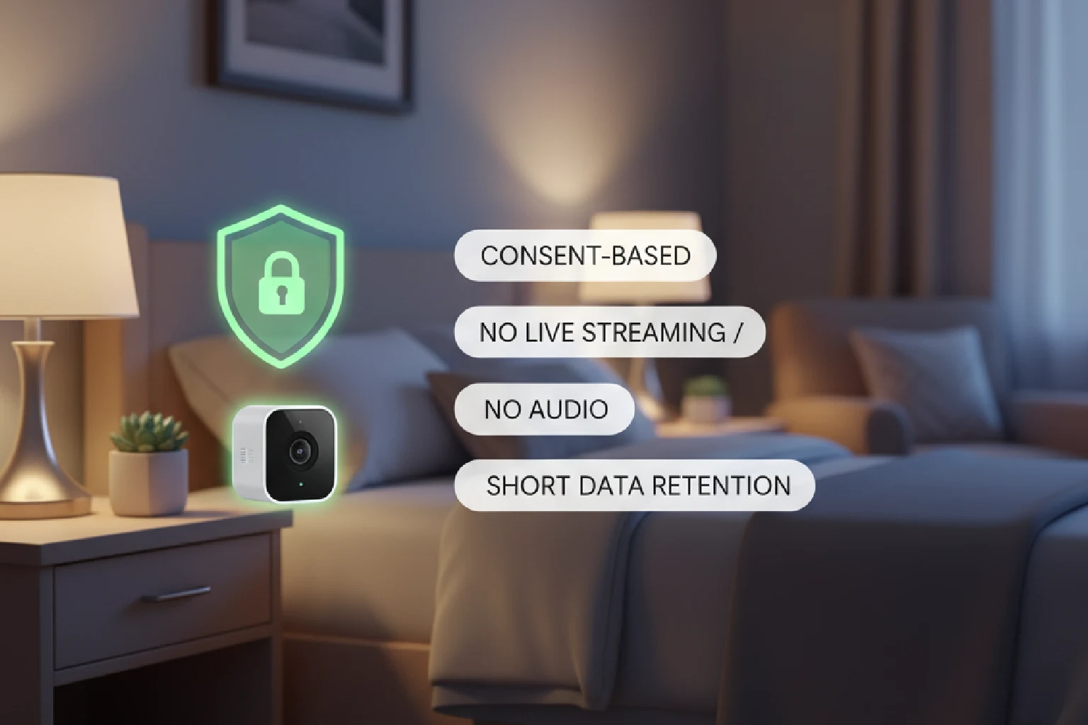 SafelyYou privacy safeguards shown in a resident bedroom setting.